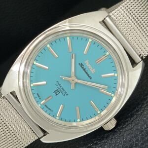 Vintage 1980 HMT Manual Wound Mens Silver Watch & Blue accents